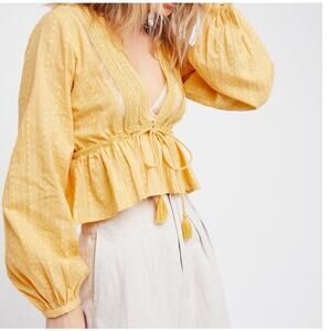 Free People Yellow Lace Trim Blouse